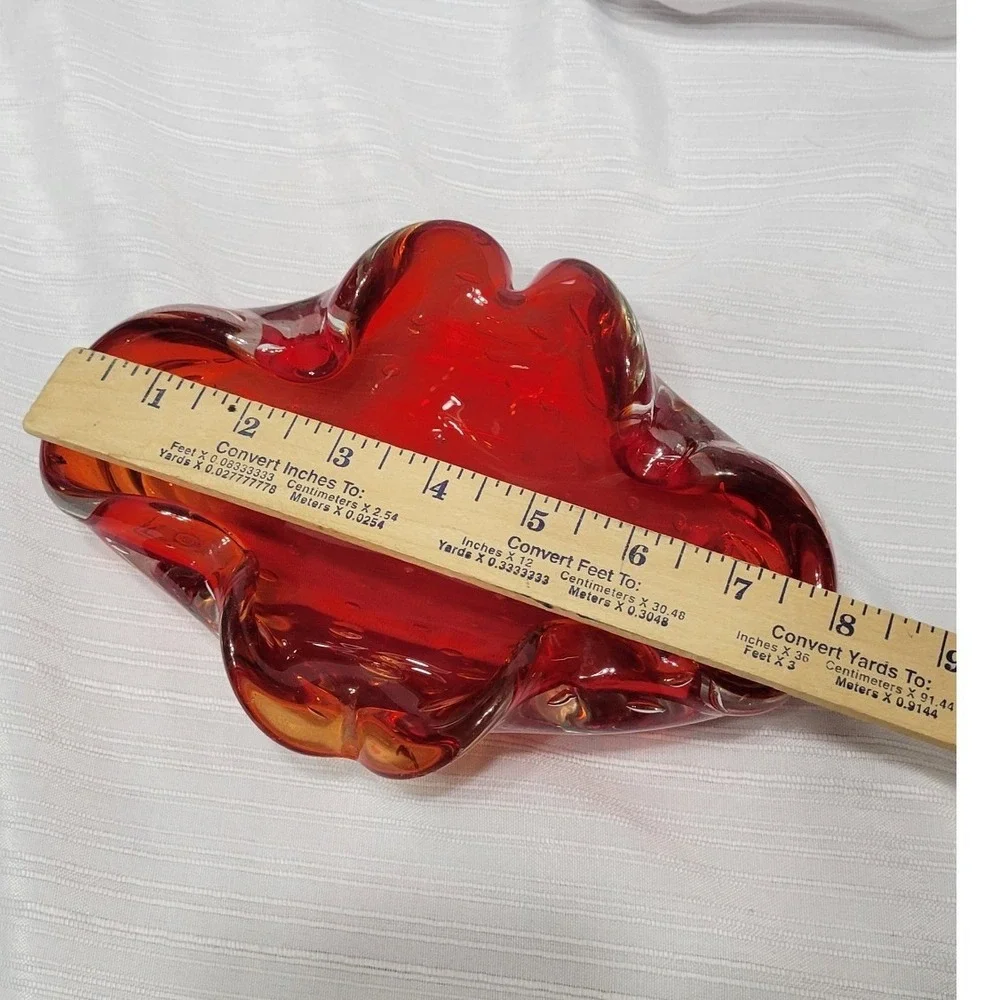 Vintage Murano Style Red Amber Art Glass Controlled Bubble Bowl Ashtray MCM
